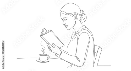 Elegant line art illustration of a woman reading with a cup of coffee illustration