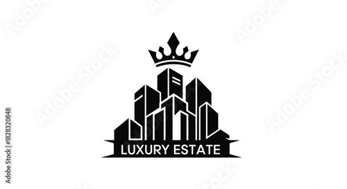 Elegant luxury real estate logo design with crown and buildings silhouette illustration