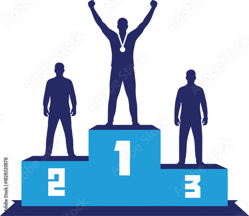 Champion silhouette celebrating success on blue winner's podium with second and third place. achievement, competition, triumph.