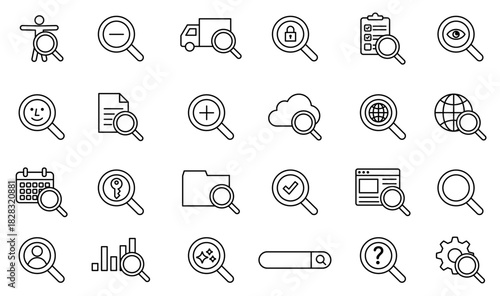 検索、リサーチに関する編集可能な線画アイコンセット 検査 監視 分析