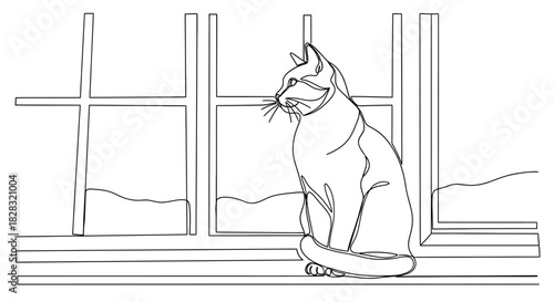 Elegant continuous line drawing of a cat sitting and gazing out of a window scene