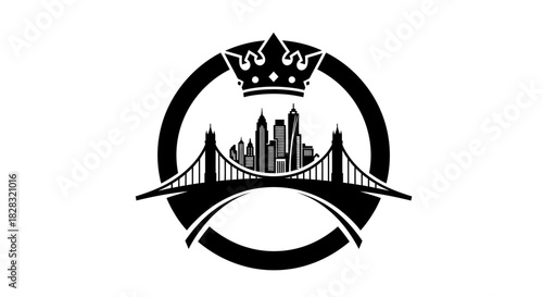 Elegant black and white logo featuring a crown, bridge, and cityscape within a circle design