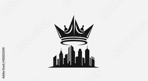 Elegant black and white emblem showcasing a crown atop a city skyline icon