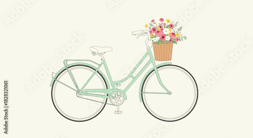 Elegant bicycle illustration with a floral basket conveying charm and sophistication