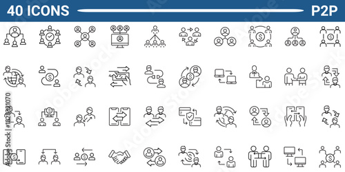 peer to peer icon set. includes p2p, peer to peer, connection, employees, partnerships, co-workers, and networking. Editable stroke. Vector illustration