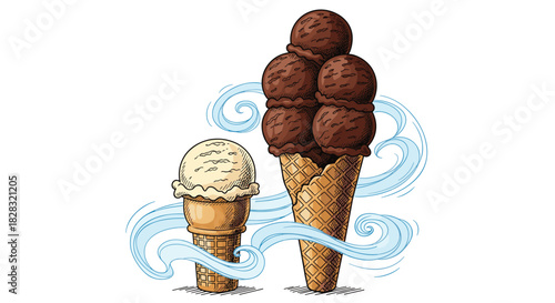 Vintage hand-drawn illustration of a small vanilla and a large chocolate ice cream cone with decorative blue swirls on a white background.