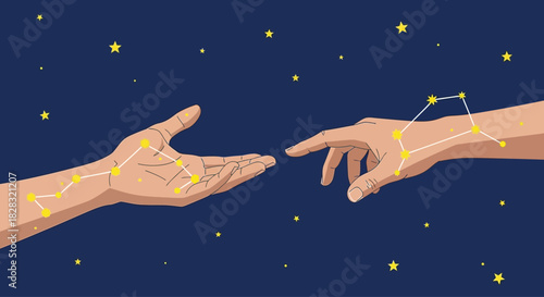 Digital illustration showcasing cosmic connection between hands and constellations