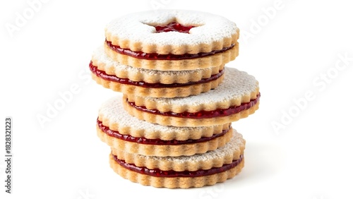 Stack of four classic Linzer cookies with raspberry jam filling and powdered sugar isolated on white background
