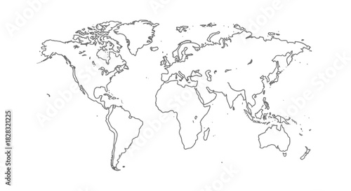 Detailed world map outline isolated on white background showing all continents