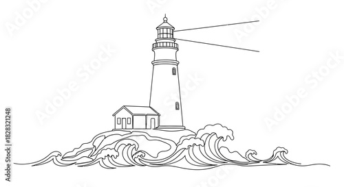 Detailed Line Art Illustration of a Lighthouse Guiding Ships Through Rough Seas