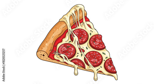 Detailed illustration of a delicious pepperoni pizza slice with melting cheese
