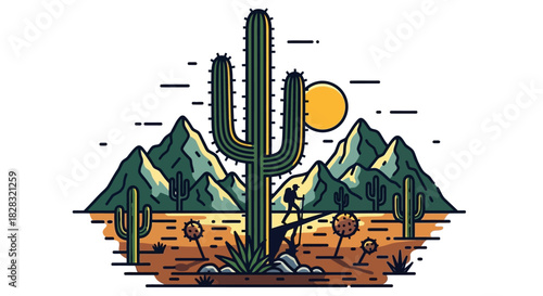 Desert adventure: Illustration of a hiker exploring a desert landscape with cactus and mountains