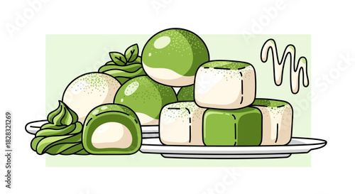 Delightful Matcha Dessert Illustration with Mochi and Cream on a Clean Background