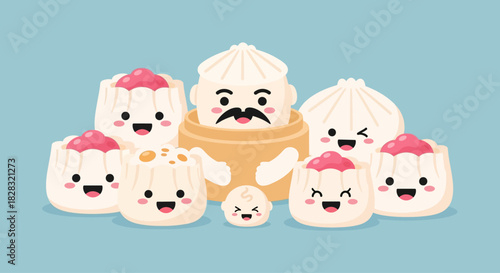 Delightful Dim Sum Family Portrait: A Whimsical Gathering of Adorable Asian Dumplings