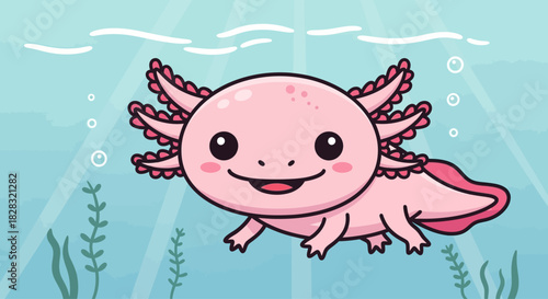 Delightful Cartoon Axolotl Swimming Underwater in a Serene and Playful Scene