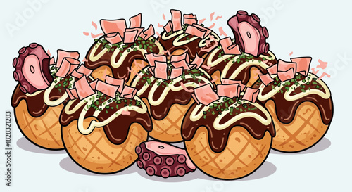 Delicious Takoyaki Illustration Featuring Octopus Pieces and Savory Toppings Ready to Eat