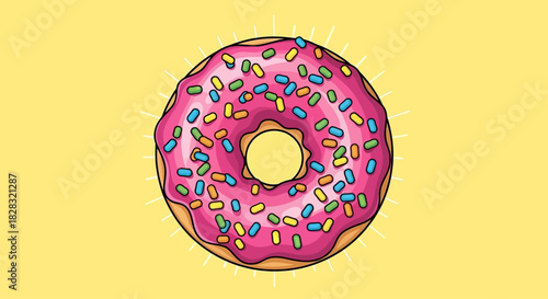 Delicious donut with pink icing and colorful sprinkles, a delightful treat illustration