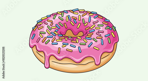 Delicious donut with pink frosting and colorful sprinkles cartoon representation