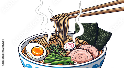 Delicious Ramen Bowl with Egg, Meat and Seaweed, served with Chopsticks illustration