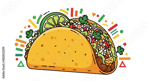 Delicious Cartoon Taco with Vibrant Toppings and Decorative Confetti Background Illustration