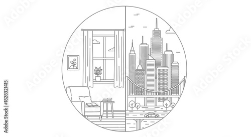 Contrasting lifestyles illustration: Cozy home interior versus vibrant city skyline concept