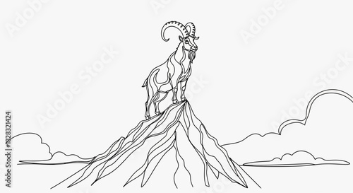 Contour Drawing of Majestic Mountain Goat Standing Tall on Mountain Peak