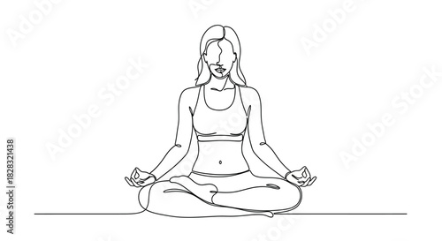 Continuous line drawing of woman in lotus position meditating for wellness and calm