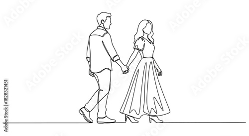 Continuous line drawing of romantic couple walking hand in hand expressing love and affection