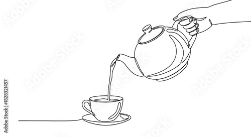 Continuous line drawing of hand pouring tea from teapot into cup with saucer illustration