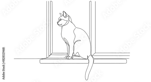 Continuous line drawing of cat sitting on window sill, minimalistic design concept with a feline