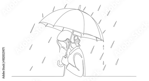 Continuous line drawing of a woman in the rain with an umbrella expressing sadness and solitude in