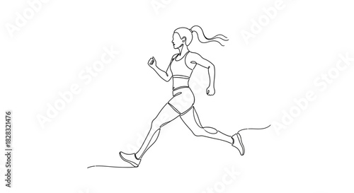 Continuous line drawing of a woman running, fitness and healthy lifestyle illustration