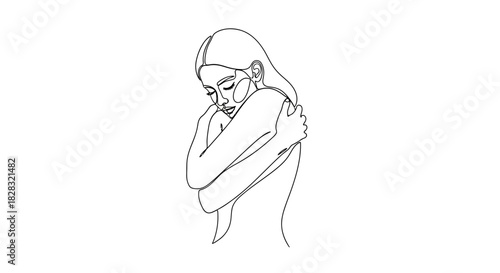 Continuous line drawing of a woman embracing herself, a symbol of self-love and care for personal