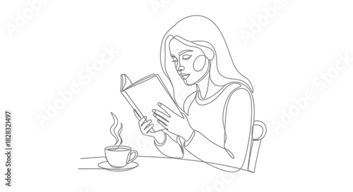 Continuous line art illustration of a woman reading a book with coffee present minimal style