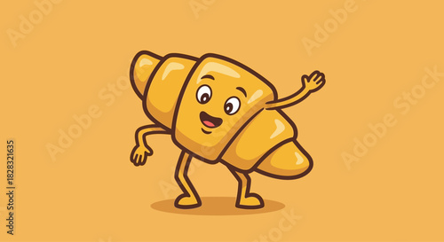 Cheerful croissant character illustration with friendly expression and welcoming gesture