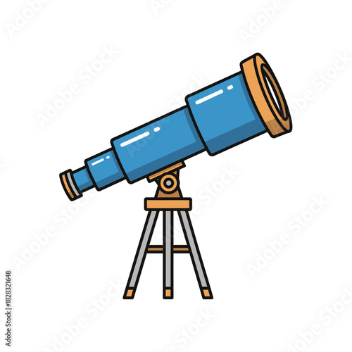 Colorful cartoon illustration of a blue astronomical telescope on a tripod for stargazing, symbolizing science and discovery