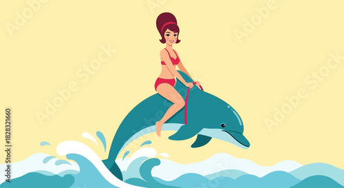 Cartoon woman in a bikini riding a dolphin over ocean waves illustration