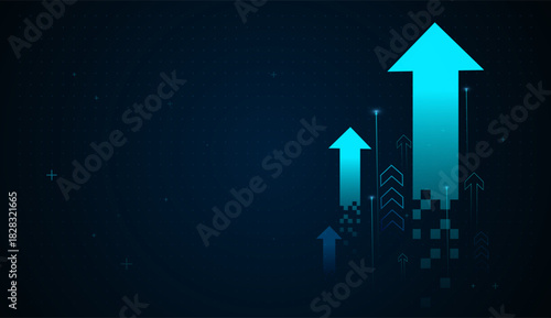 A ne-on blue arrow ascends from pixelated data, capturing the concept of financial growth driven by digital transformation. Vector and illustration Arrows