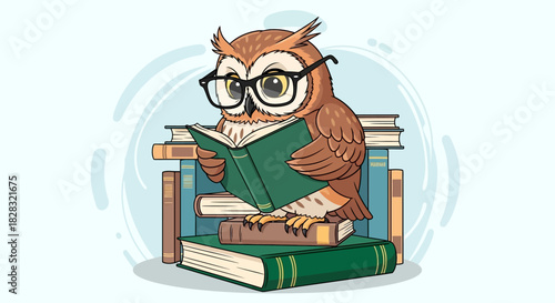 Cartoon owl reading a book on a stack of books with glasses and blue background