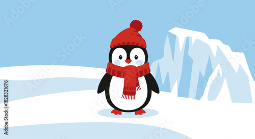 Cartoon penguin with hat and scarf in a winter landscape illustration scene