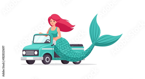 Cartoon mermaid driving a vintage pickup truck with her tail hanging out, isolated