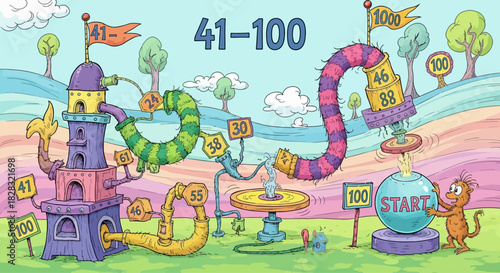 Cartoon illustration of a whimsical mathematical journey from 41 to 100 in a colorful land