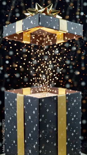 black gold gift box sparkles, black friday sale, luxury product reveal | sale, gift, christmas, product, marketing theme
