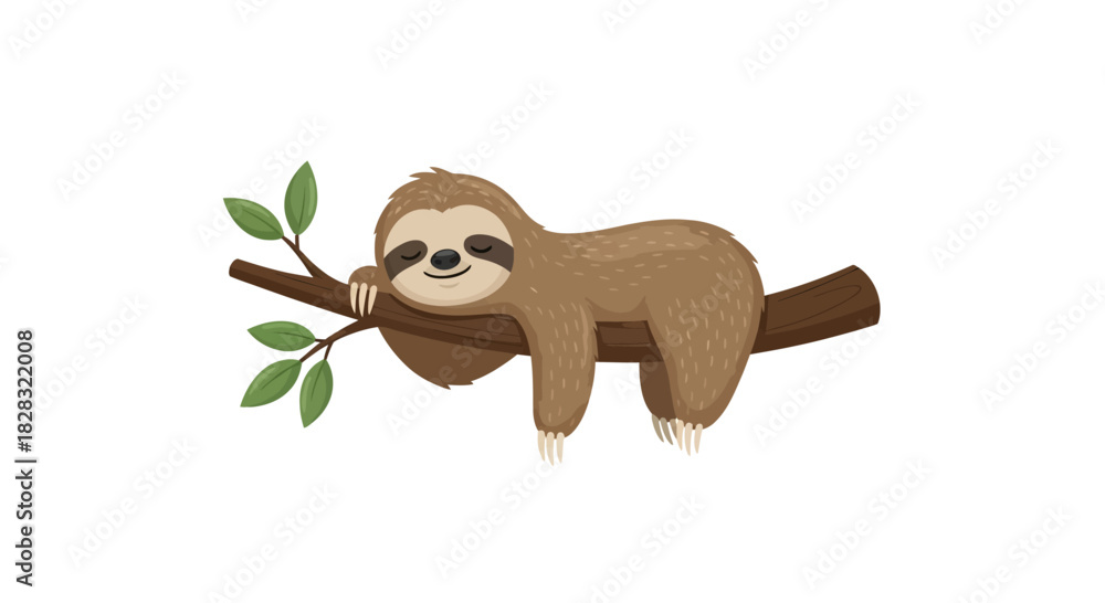Naklejka premium Adorable cartoon sloth taking a nap on a tree branch with green leaves illustration
