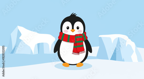 Adorable cartoon penguin with a festive scarf stands in an icy landscape illustration