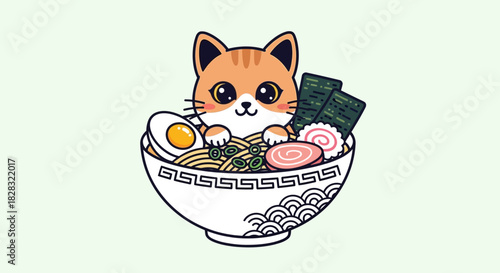 Adorable cartoon cat in a bowl of ramen illustration with food elements on a light background