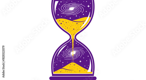 Abstract purple hourglass filled with celestial spirals and gold sand illustration