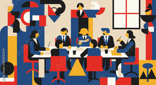 Abstract geometric illustration depicting a business meeting around a conference table