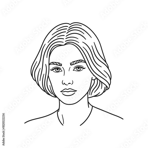 A minimalist line art portrait of a beautiful young woman with a stylish short haircut. This elegant and simple hand-drawn illustration captures modern femininity and serene beauty