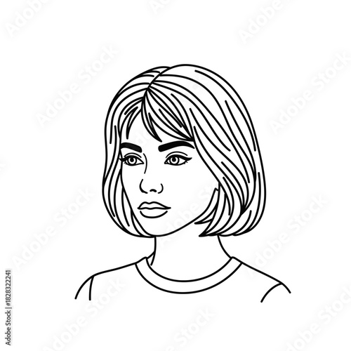 Minimalist line art portrait of a young woman with a short bob haircut, a conceptual and simple sketch for design or coloring